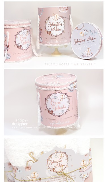 Trusou de botez brodat pentru fetite in culori pastelate, Domnisoara Castor  1